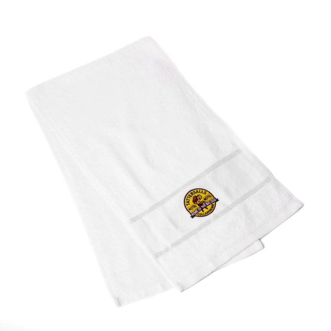 A large white gym towel featuring a logo, showcasing a soft and absorbent cotton material.