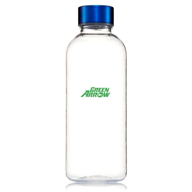 A drink bottle made of clear Tritan material with a blue lid and a logo on the front.