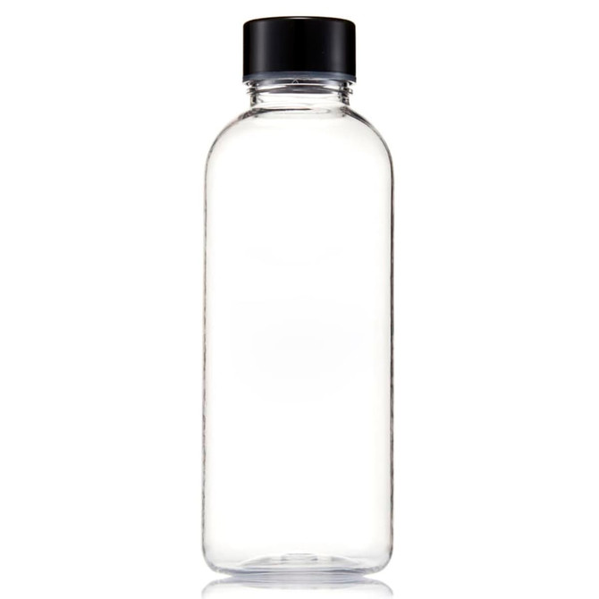 A drink bottle made of clear Tritan with a black screw-top lid. It has a minimalist design and is 600ml in capacity.