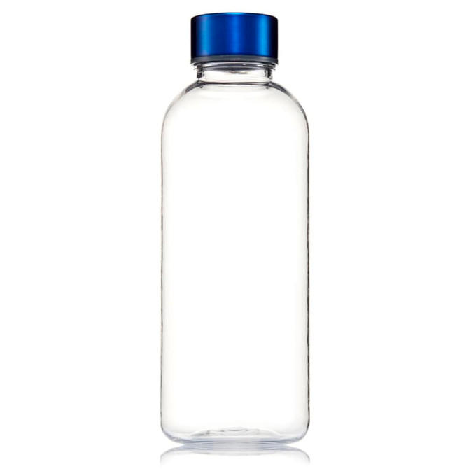 A drink bottle made from clear Tritan, featuring a blue screw-top lid and a simple design with a logo.