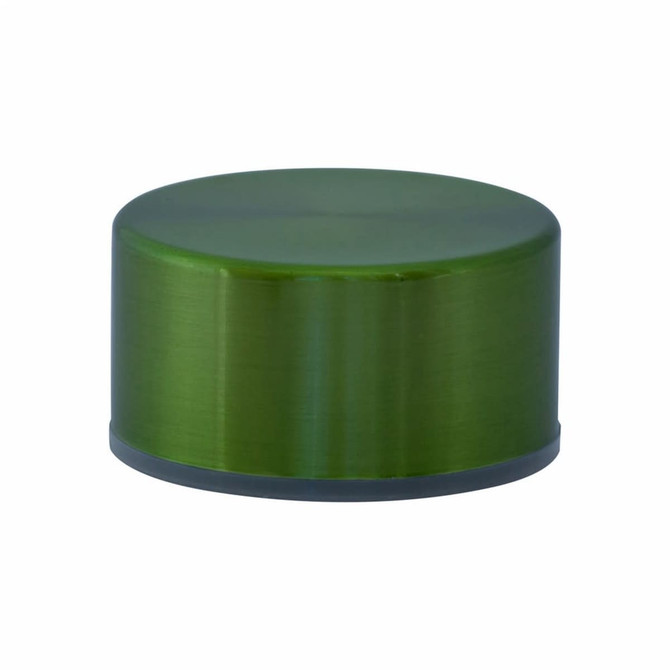 A drink bottle cap in a metallic green finish, featuring a sleek and simple design.