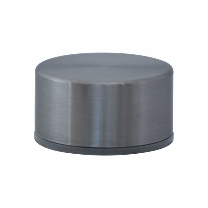 A drink bottle lid in a metallic finish, featuring a smooth surface and a circular shape.