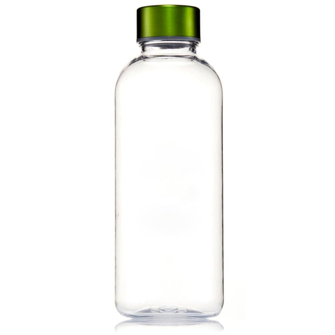 A drink bottle made of clear Tritan with a green screw-on lid, featuring a logo.