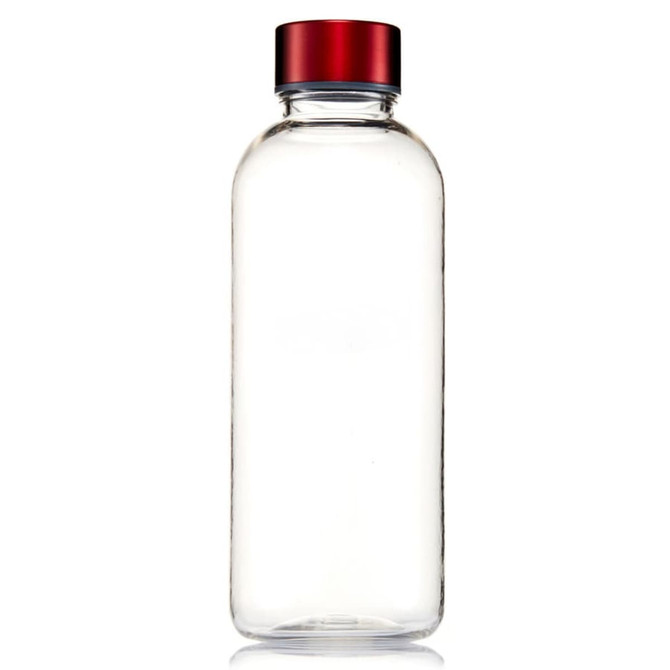 A drink bottle with a clear body and a red screw cap, featuring a branding logo.