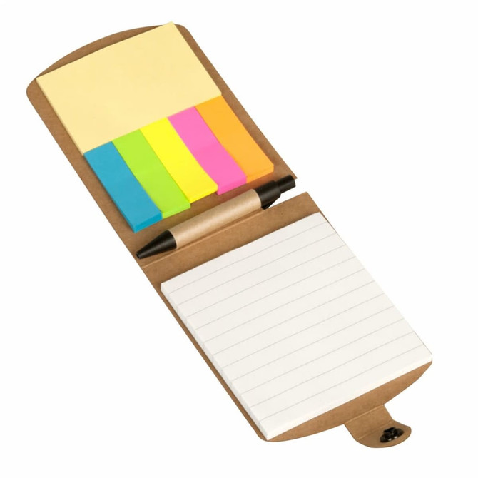 A notepad with lined pages and a black pen, featuring colourful sticky notes in blue, pink, and yellow.