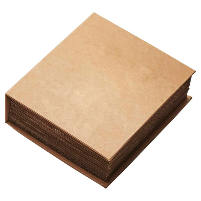 A square brown binder with plain cover and visible pages, showcasing its thick, textured appearance.