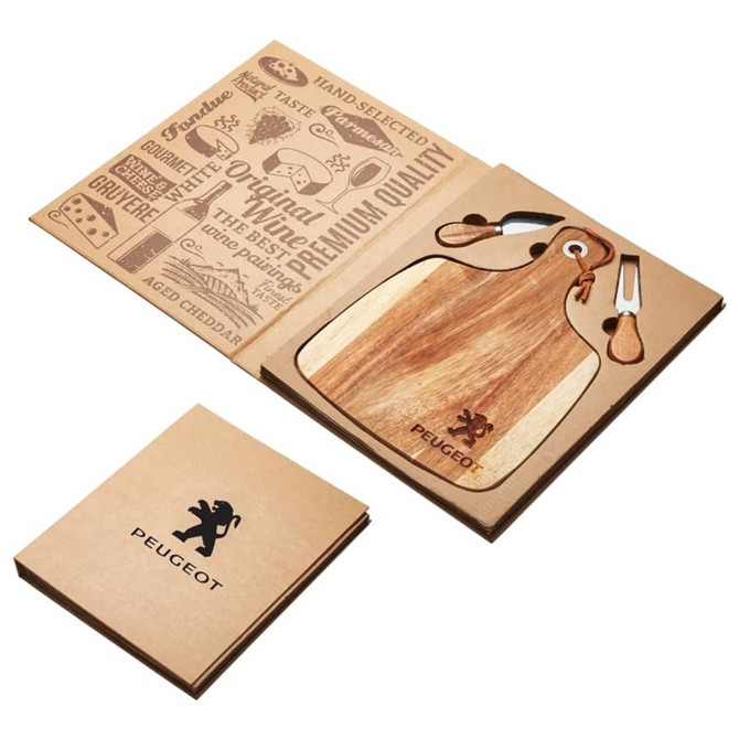 A wooden acacia cheeseboard with a knife set, presented in a brown packaging featuring a logo and design elements.
