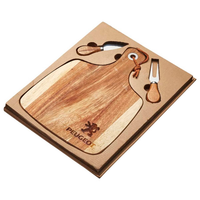 Acacia cheeseboard with knife set, featuring natural wood tones and a branding logo. Compact packaging included.