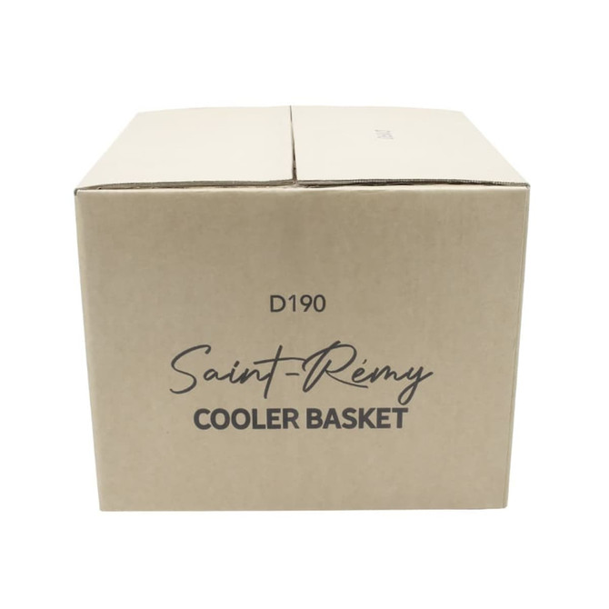 A tan cardboard box labelled "Saint-Rémy Cooler Basket," featuring branding on the front.