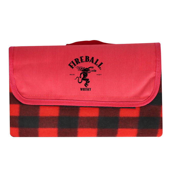 A red picnic blanket featuring a black and red checkered pattern and a logo on the top.