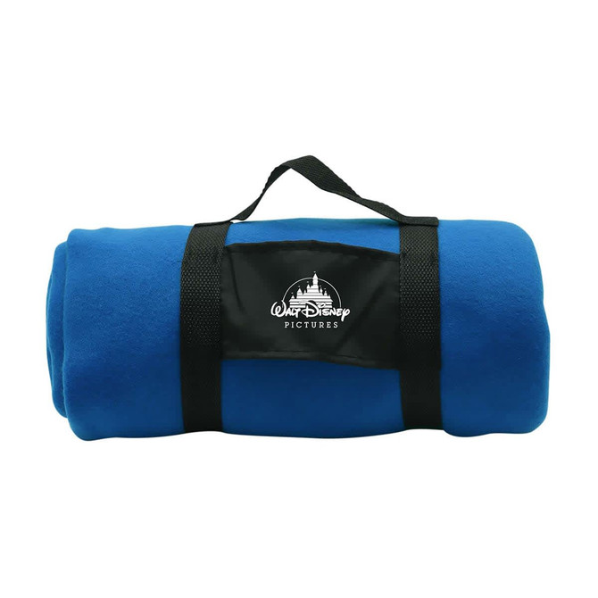 A rolled blue blanket secured with a black strap. It features a logo on the front.