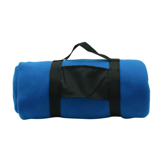 A rolled blue blanket secured with a black strap, featuring a small pocket on the side.