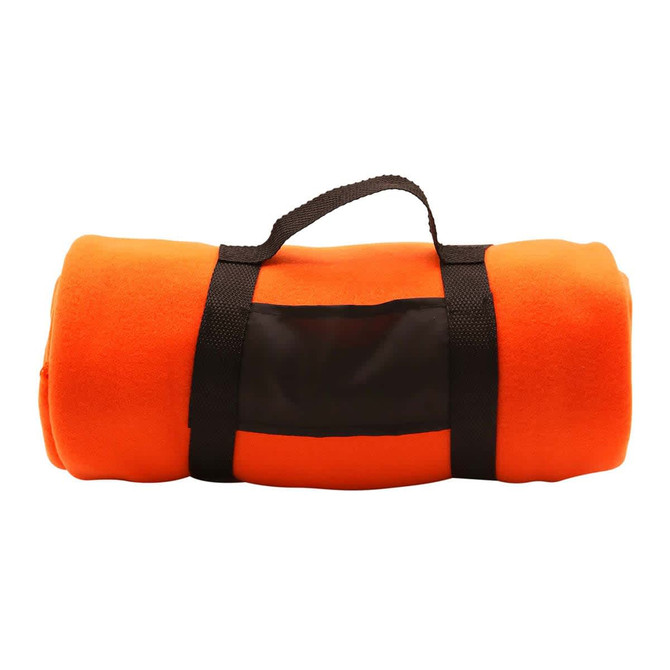 A rolled orange blanket secured with a black strap, featuring a clear window and a black handle.