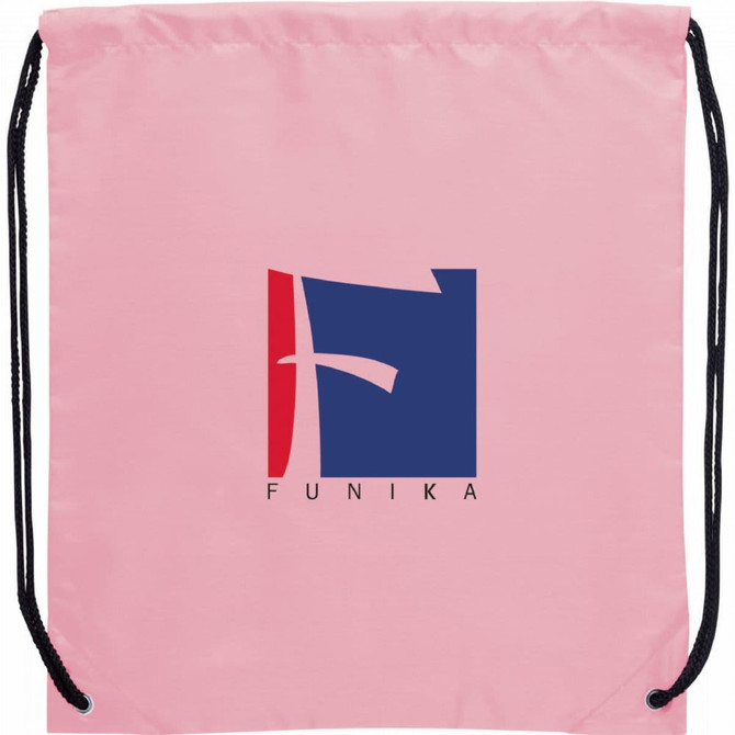 A pink drawstring sportspack featuring a logo design. The bag has black drawstrings for easy closure.