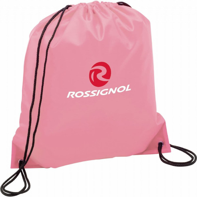 A pink drawstring sportspack with black cords, featuring a logo on the front. Ideal for carrying personal items.