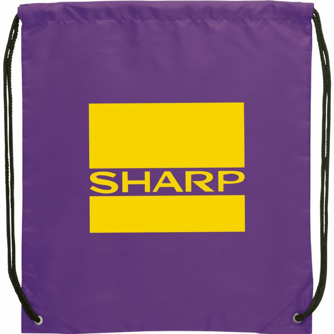 A purple drawstring sportspack featuring a yellow logo. The bag has black drawstrings for closure.