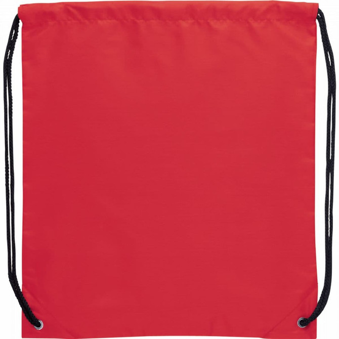 A red drawstring sportspack featuring black cords and a simple design, suitable for carrying small items.