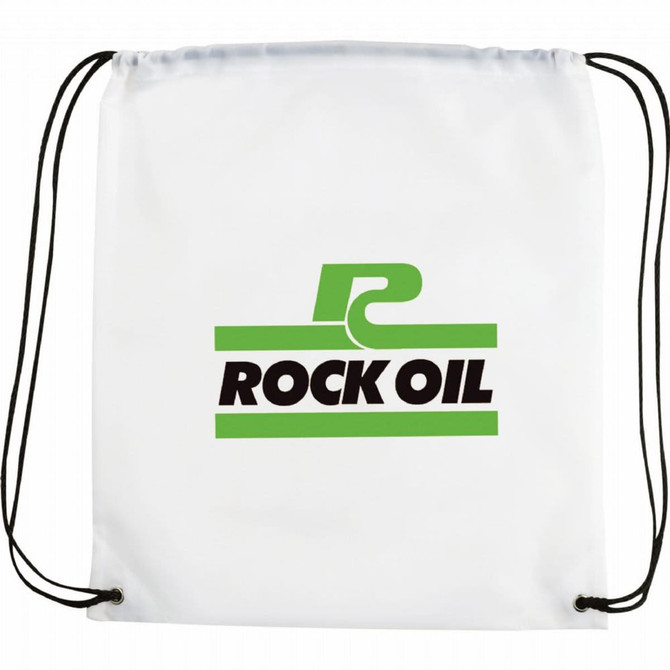 A white drawstring sportspack featuring a logo in green and black. It has black drawstrings for closure.