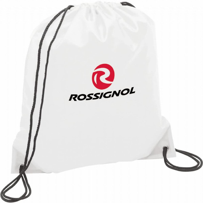 A white drawstring sportspack with black straps and a logo. Suitable for carrying small items.