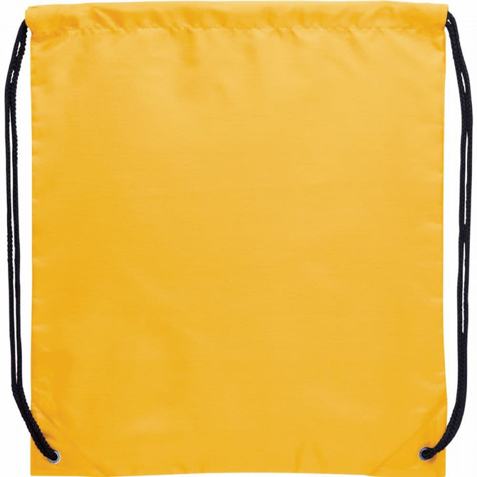 A yellow drawstring sportspack with black cords and a simple design, featuring a logo.