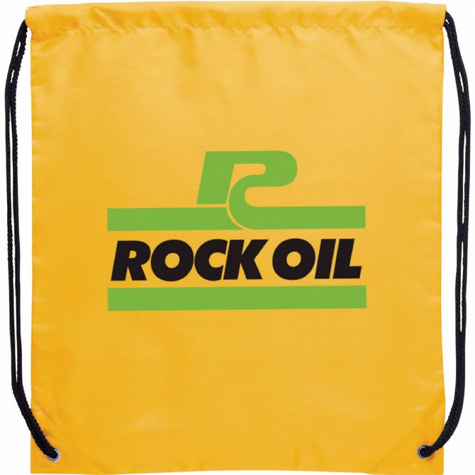 A yellow drawstring sportspack featuring a logo on the front and black drawstrings.
