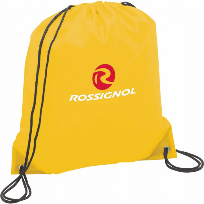 A yellow drawstring sportspack with a logo, featuring black drawstrings and a simple design.