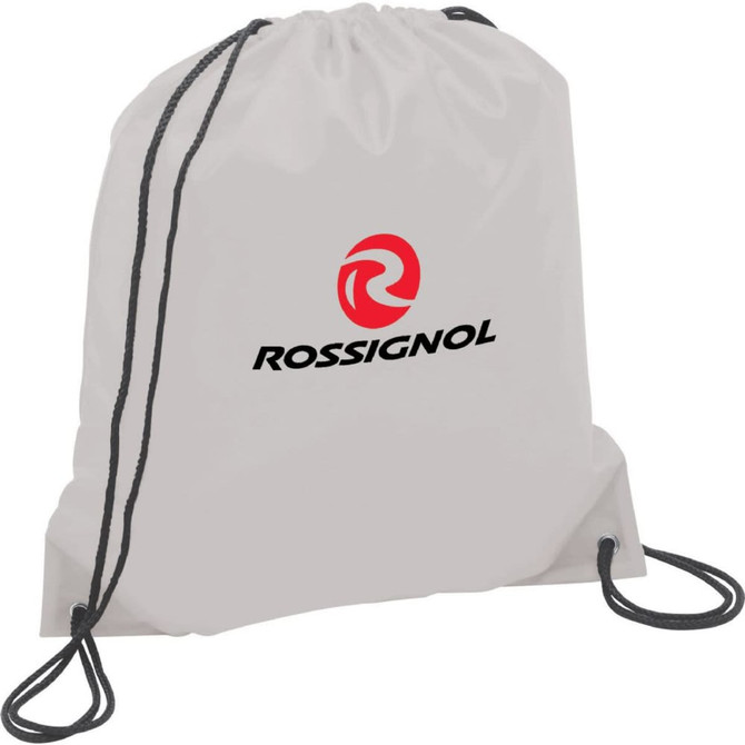 A grey drawstring sportspack with black cords and a logo on the front. It's lightweight and ideal for carrying small items.