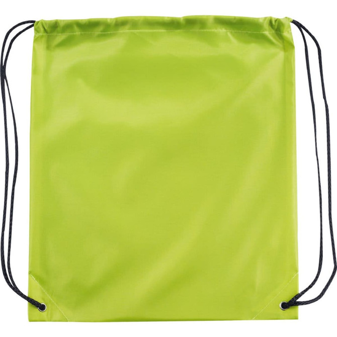 A bright green drawstring sportspack with black cords and a logo. Ideal for carrying essentials.