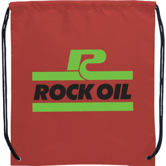 A red drawstring sportspack with a large logo in green and black. It features black nylon cords.