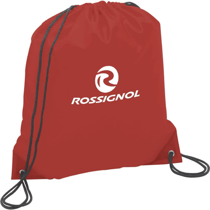 A red drawstring sportspack with a black cord and a logo on the front.