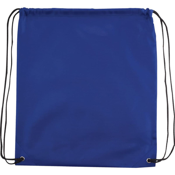A blue drawstring sportspack featuring a logo and two adjustable black cords for carrying.