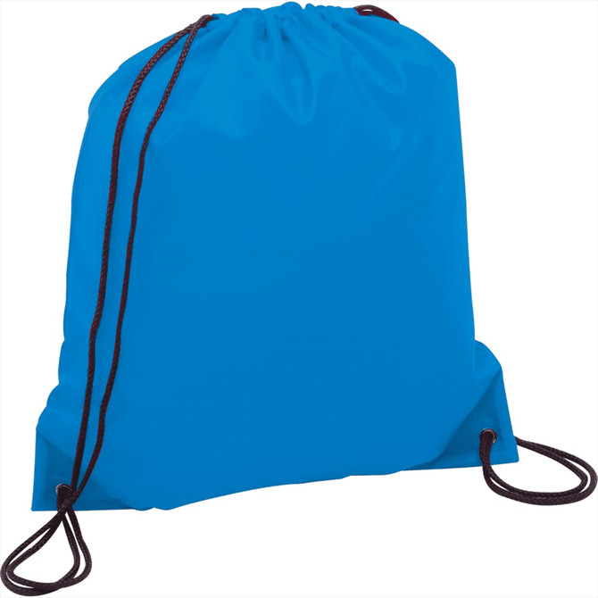A blue drawstring sportspack with black cords, featuring a simple design and a logo.