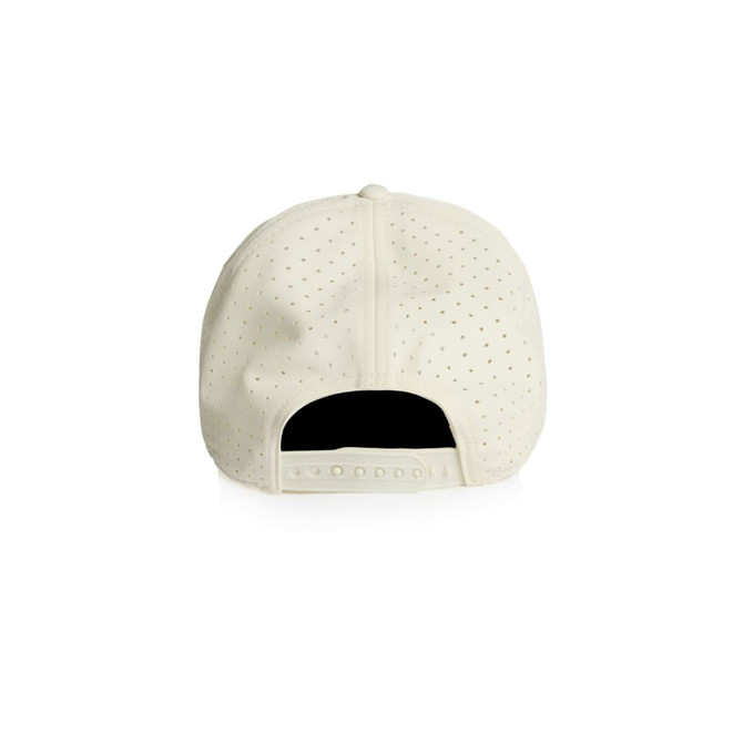 A cream perforated cap with a snapback closure and a logo on the side.