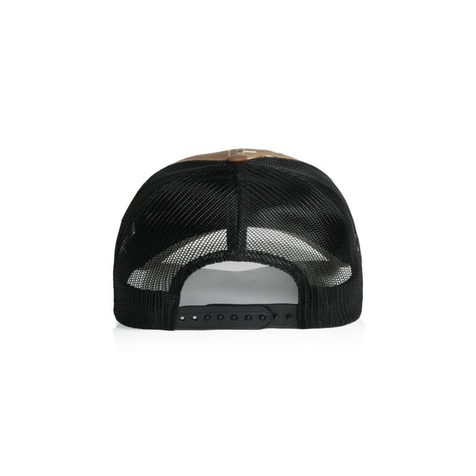A black and brown mesh cap with a snapback closure, featuring a contrasting camo pattern.