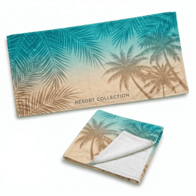 A large towel featuring turquoise and beige colours with palm tree designs, folded to show both sides.