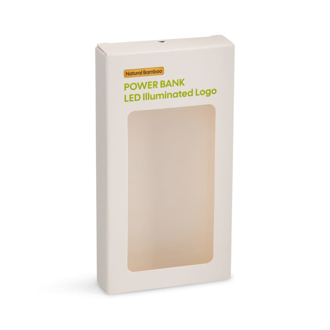 A natural bamboo power bank packaged in a white box with a transparent front and an LED illuminated logo.
