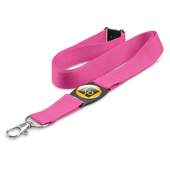 A pink lanyard with a plastic clip and a circular badge holder attached.