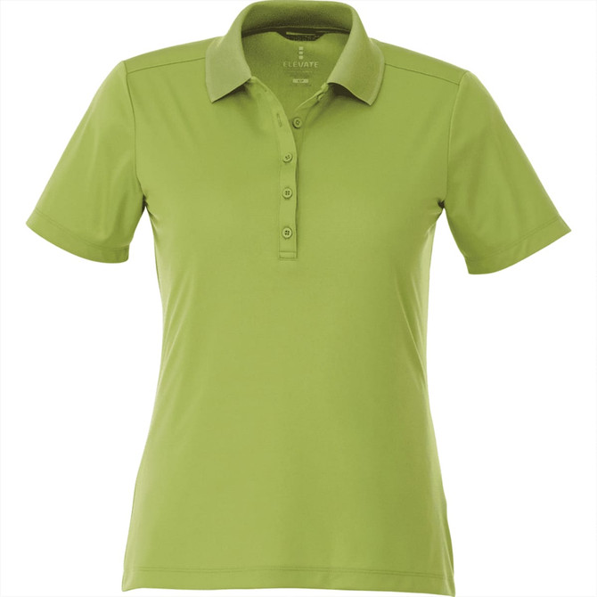 A women's polo shirt in bright green with a collared neck and short sleeves. The shirt features a logo.