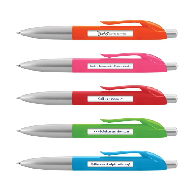 Five plastic pens with silver barrels and colourful grips: orange, pink, green, and blue. Each has a logo.
