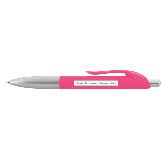A pink plastic pen with a silver barrel and a clip, featuring a branding logo on the body.