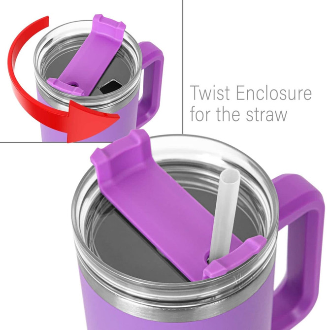 A drink bottle in purple featuring a twist enclosure for a straw and a clear lid. It has a handle for easy carrying.
