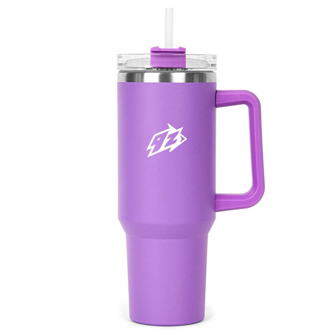 A drink bottle featuring a purple exterior, a clear lid, and a reusable straw with a handle. It has a logo on it.