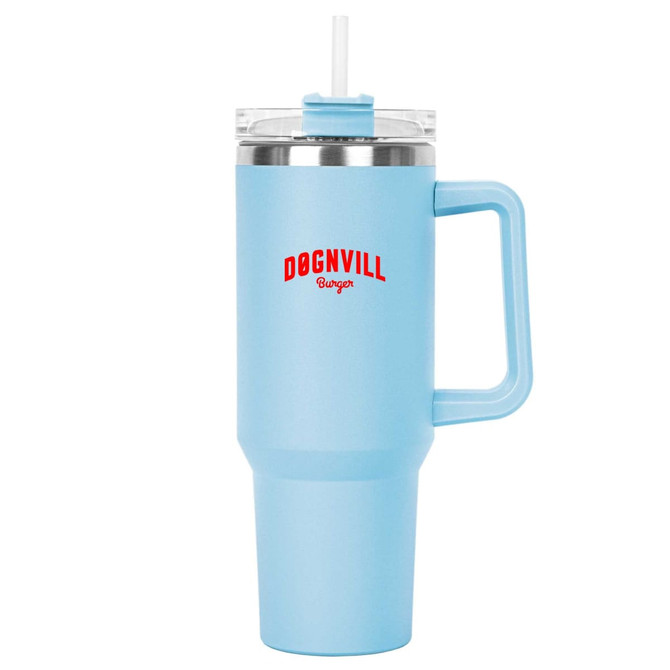 A drink bottle in light blue with a clear lid and straw, featuring a logo on the front.