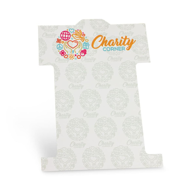 A display card for a promotional product featuring a logo and decorative elements, primarily in white with multicoloured graphics.