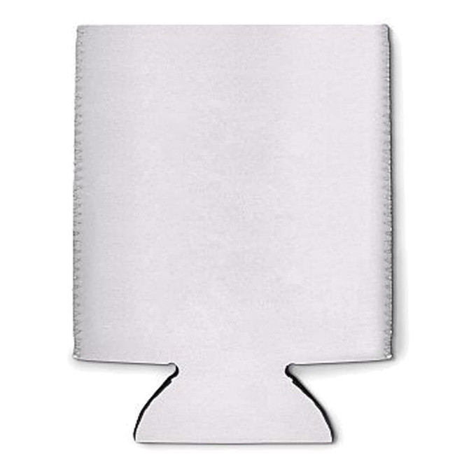 A white foam stubby cooler with a base cut-out and a logo on one side, designed for holding drinks.