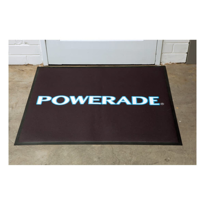 A black floor mat with a logo featuring the word "POWERADE" in light blue.
