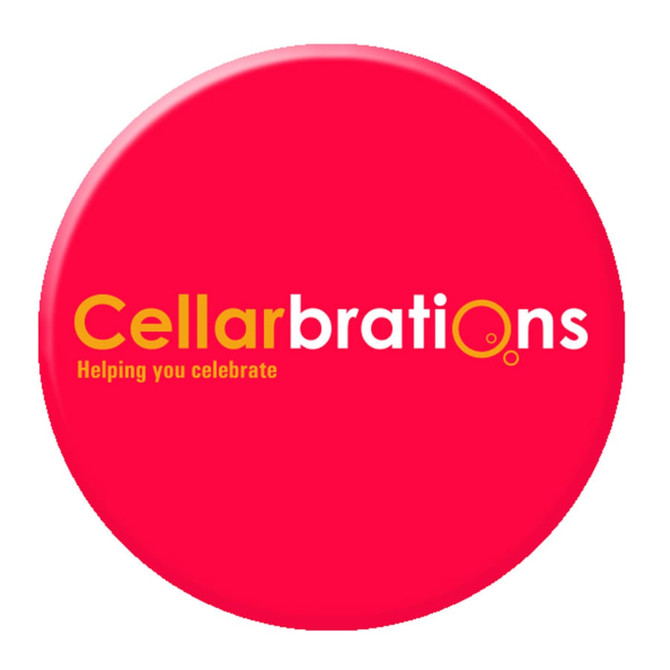 A red 100mm button badge featuring a circular shape and a logo.