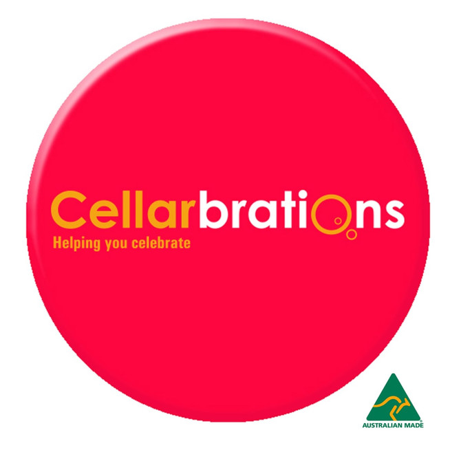 A bright red button badge, 100mm in diameter, featuring a logo and an Australian made emblem.