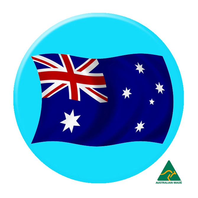 A 25mm button badge featuring an Australian flag design on a bright blue background, with a logo present.