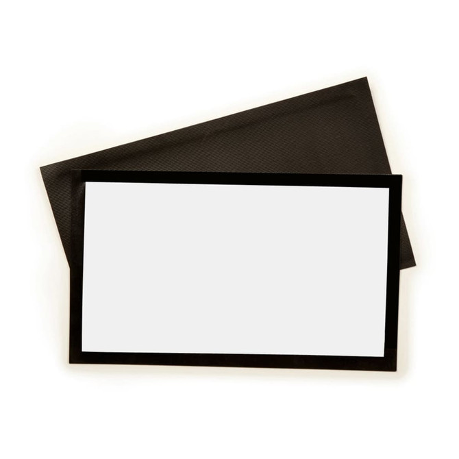 A black bar mat with a textured surface and a rectangular shape, featuring a blank section for personalised use.